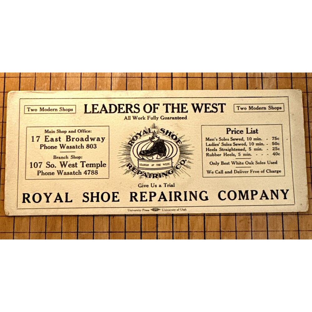 Royal Shoe Repair Company Salt Lake City Utah Advertising Ink Blotter Price List